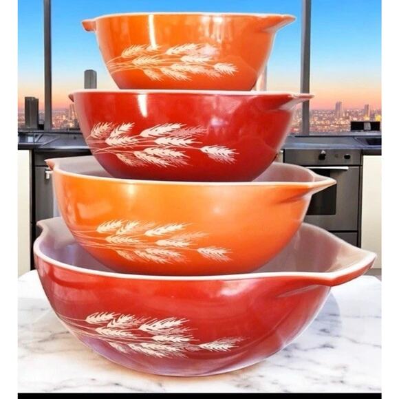 4 Vtg Pyrex Autumn Harvest Wheat Cinderella Nesting Mixing Bowls 441,442,443,444 - Picture 2 of 6